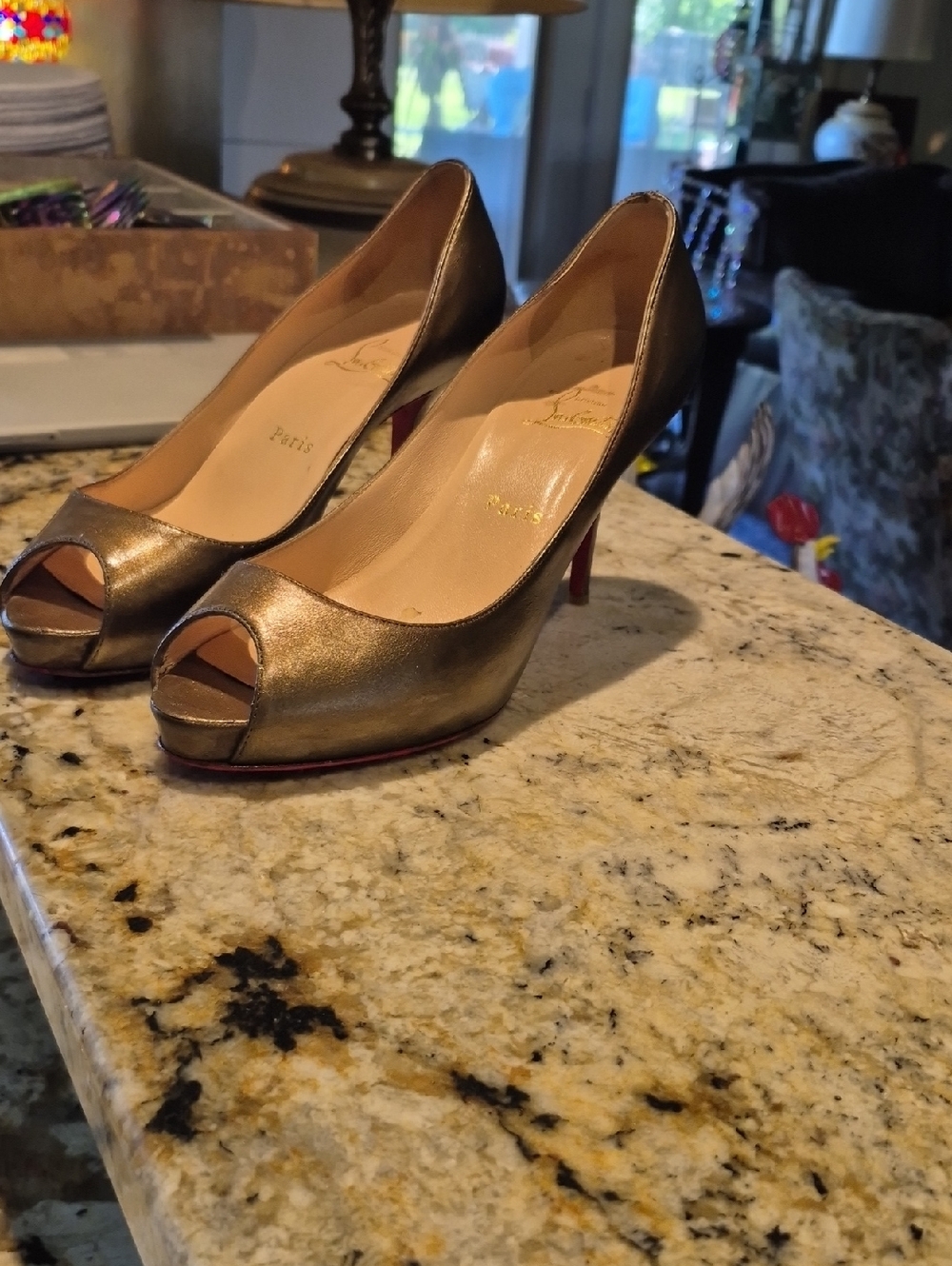 Christian Louboutin Mater Claude Bronzo 85 Calf  Peep-Toe  Heels Sz 38. - Picture 2 of 16